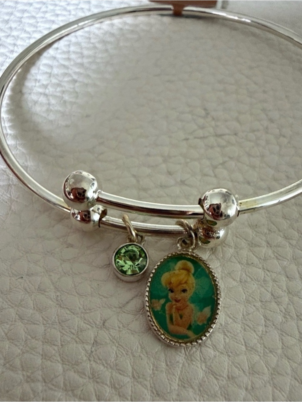 Kids Silver Plated Adjustable Bangle Bracelet with Green Tinker Bell Charm *NWT